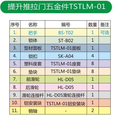 提升推拉门五金件TSTLM-01配件表