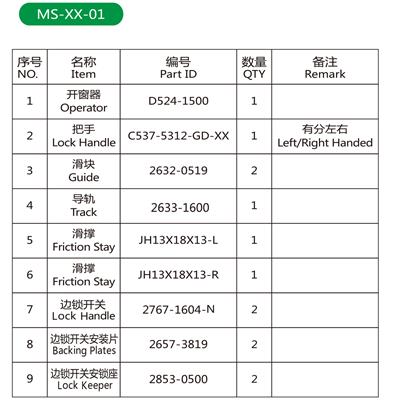 美式开窗器系统MS-XX-01配件表